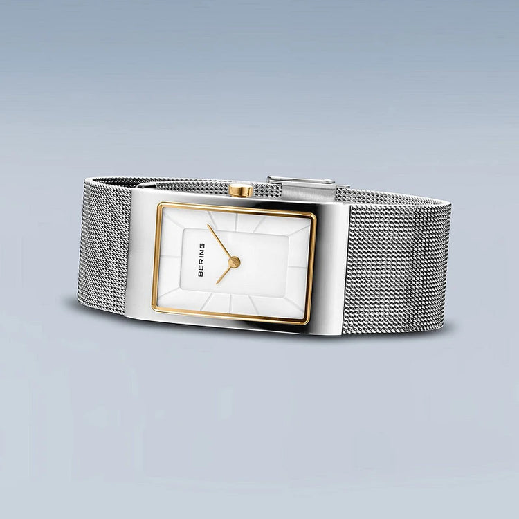 Bering | Classic 38mm polished white square dial silver mesh strap | 10222-010-S