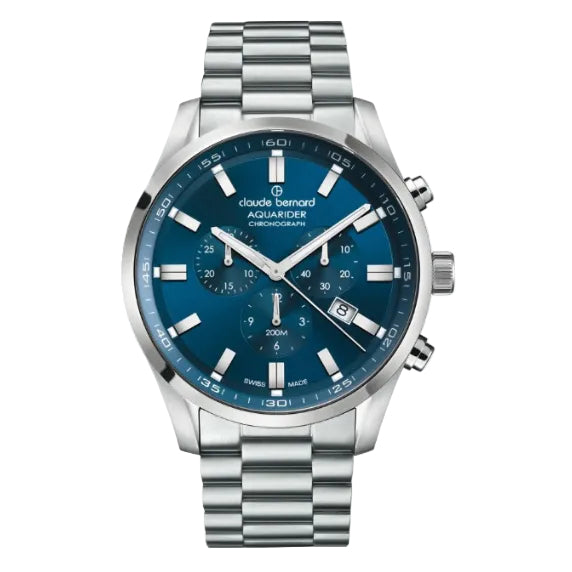 A Claud Bernard Aquarider chronograph watch with a silver stainless steel case and bracelet, featuring a deep blue dial with silver subdials and white hour markers.