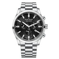 Silver watch with black dial on a white background