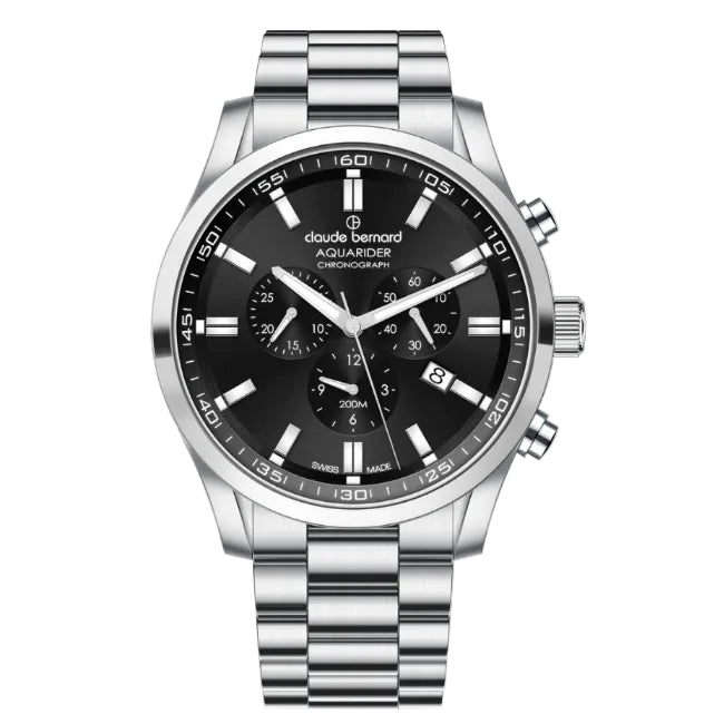 Silver watch with black dial on a white background