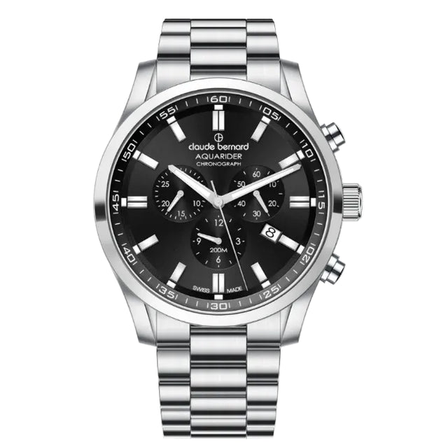Silver watch with black dial on a white background