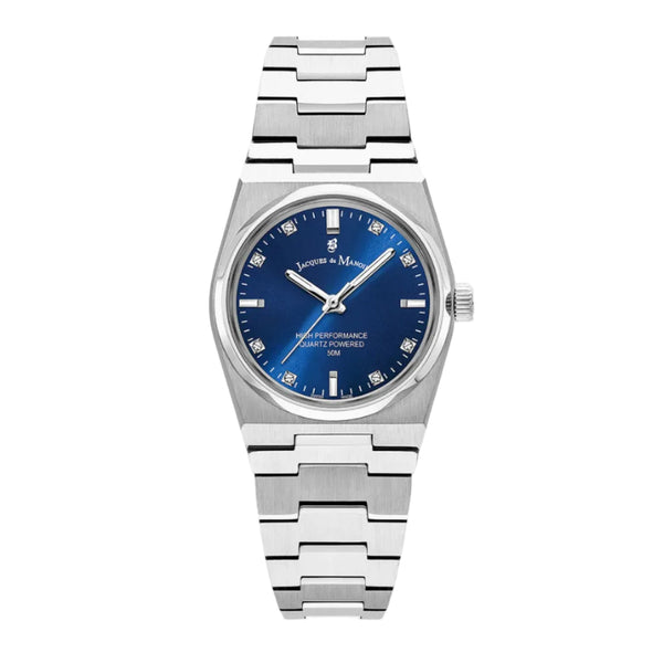 A Jacques du Manoir Horizon Ladies watch with a blue dial, silver stainless steel bracelet, and zirconia stone minute markers.