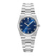 A Jacques du Manoir Horizon Ladies watch with a blue dial, silver stainless steel bracelet, and zirconia stone minute markers.
