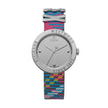 A Vivienne Westwood Rebel watch with a silver dial and multicolored tartan pattern strap, featuring the brand's logo.