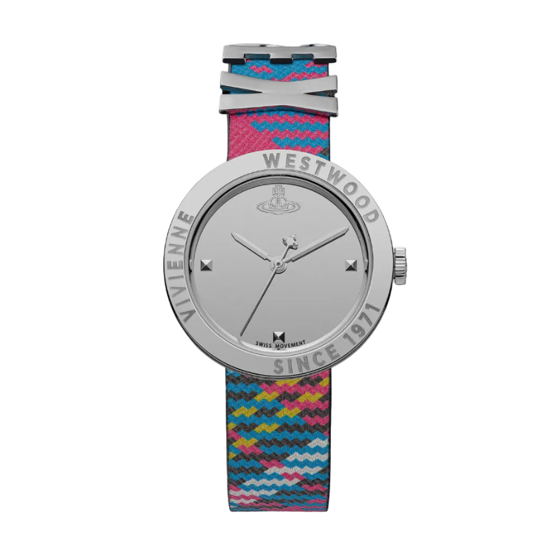 A Vivienne Westwood Rebel watch with a silver dial and multicolored tartan pattern strap, featuring the brand's logo.