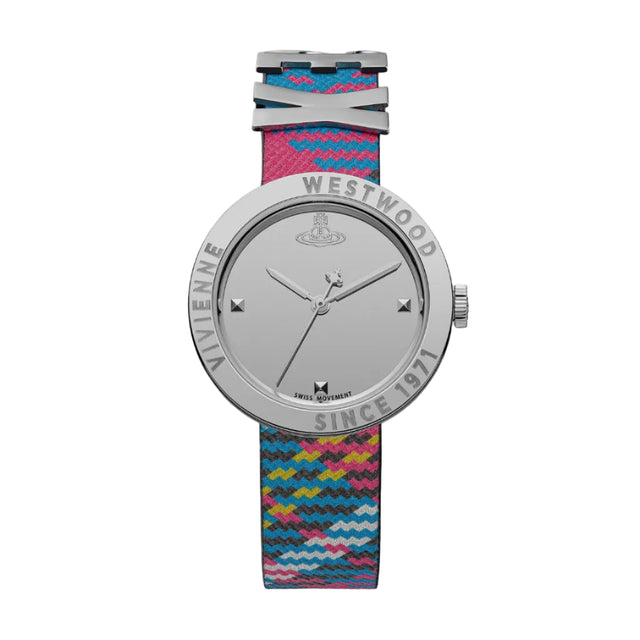 A Vivienne Westwood Rebel watch with a silver dial and multicolored tartan pattern strap, featuring the brand's logo.
