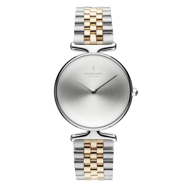 A two-tone Nordgreen watch with a stainless steel case and a silver-colored dial featuring a simple analog display, paired with a five-link bracelet with gold and silver tones.