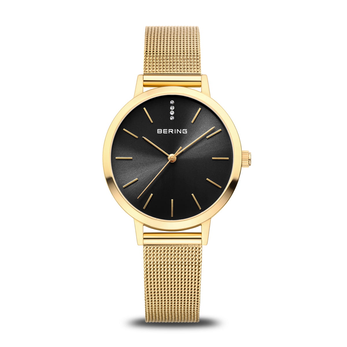 Bering | Classic gold 34mm black dial gold mesh strap | 13434-332
