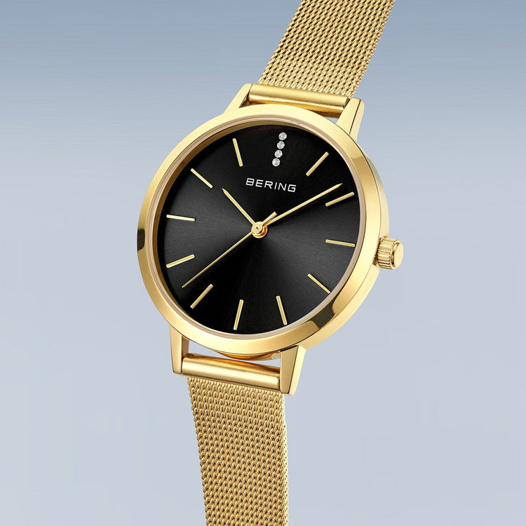 Bering | Classic gold 34mm black dial gold mesh strap | 13434-332