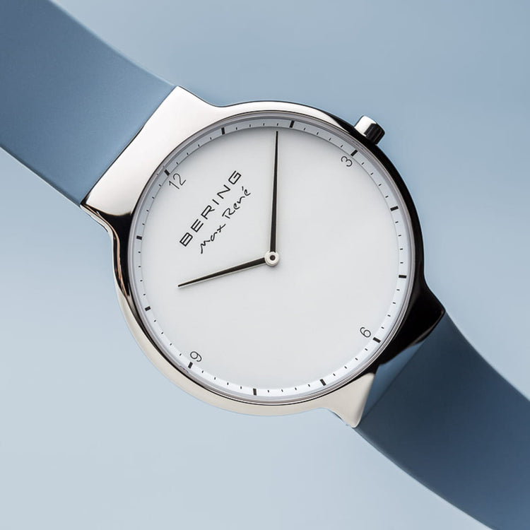 Bering | Max René polished silver 31mm dial with blue silicone strap  | 15540-700