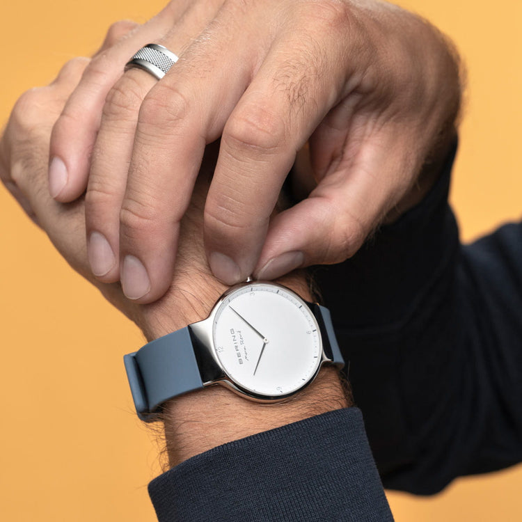 Bering | Max René polished silver 31mm dial with blue silicone strap  | 15540-700