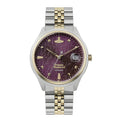 A two-tone stainless steel and gold wristwatch by Vivienne Westwood, featuring a textured purple dial with gold-tone indices and a date window at 3 o'clock.