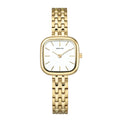 Gold watch with a white face on a white background