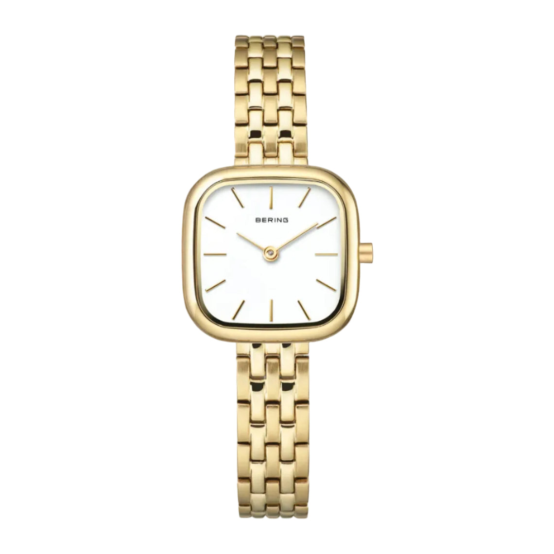 Gold watch with a white face on a white background