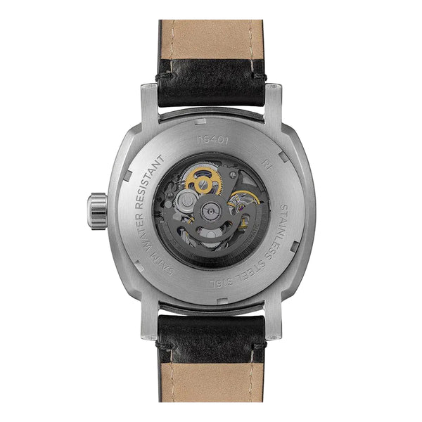 Watch with a black leather strap and visible mechanical components on a white background