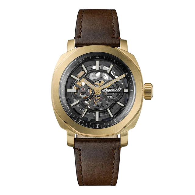 Watch with gold case, brown leather strap, and visible brand name on a white background