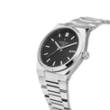 Silver watch with black dial on a white background