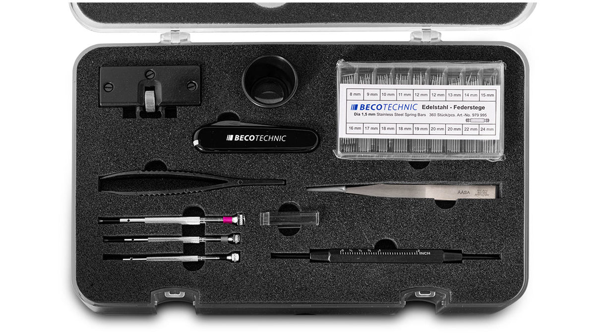 Beco Technic watchmaker service-set toolkit in a black case with various watch repair tools and components visible.