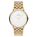 A gold-colored, stainless steel Nordgreen watch with a white dial and a linked bracelet.