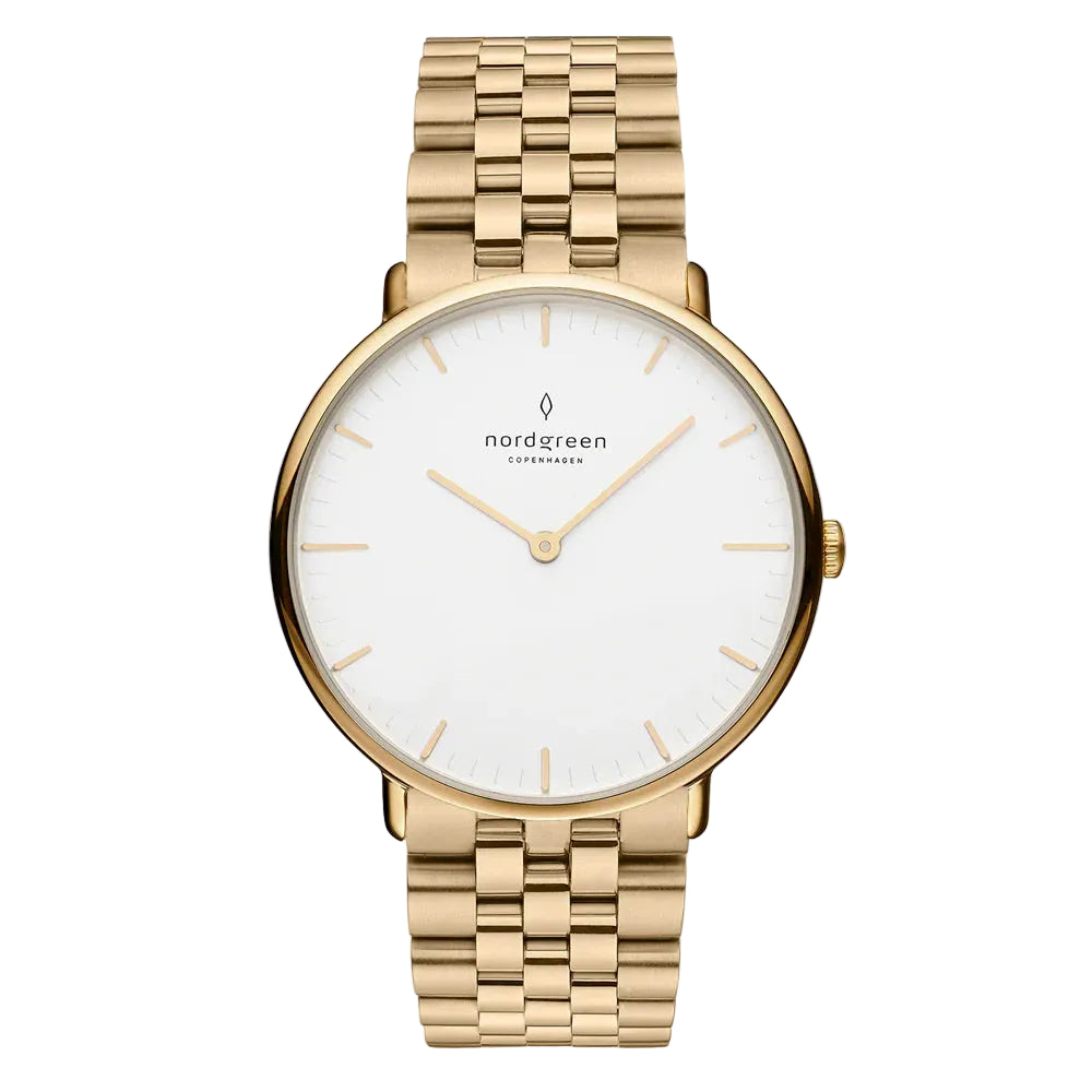 A gold-colored, stainless steel Nordgreen watch with a white dial and a linked bracelet.