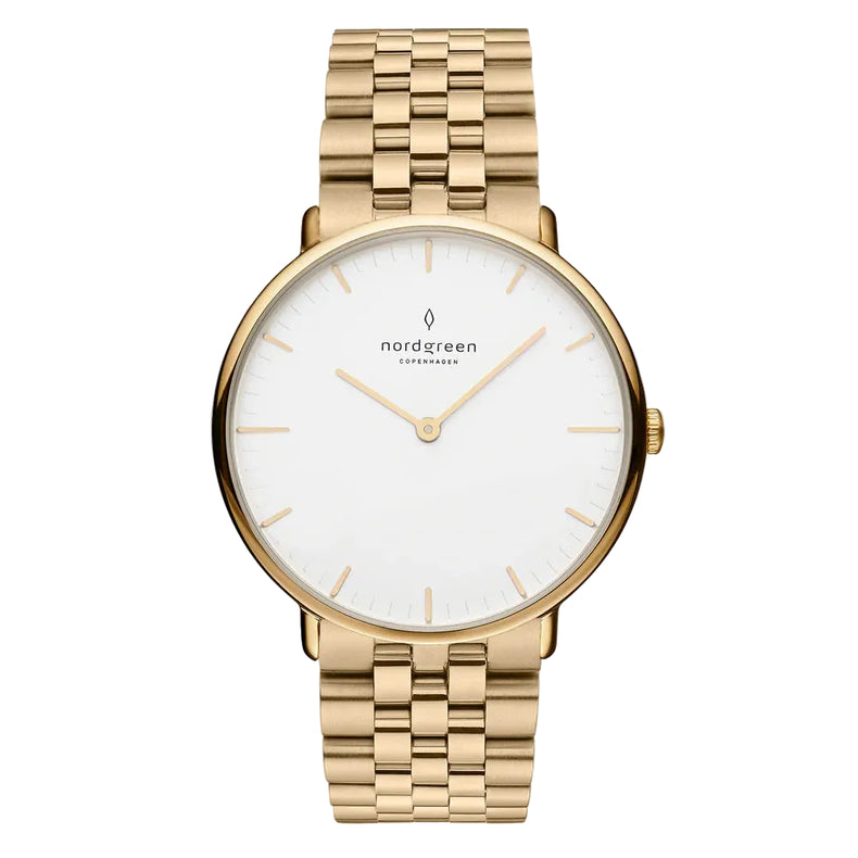 A gold-colored, stainless steel Nordgreen watch with a white dial and a linked bracelet.