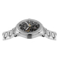 Silver watch with a detailed face on a white background