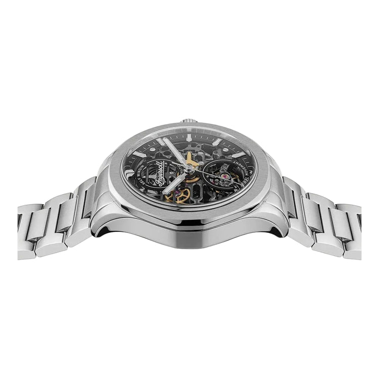 Silver watch with a detailed face on a white background