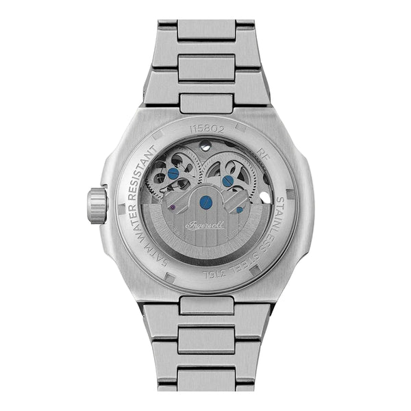 Silver watch with detailed back design on a white background