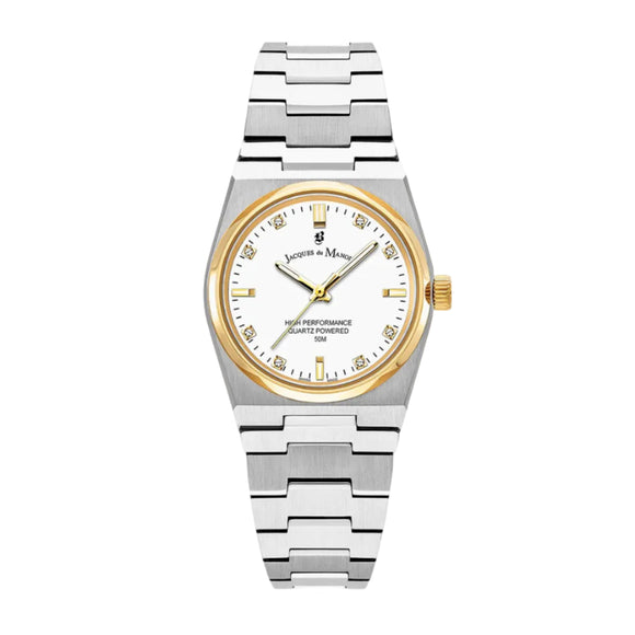 A Jacques du Manoir ladies watch with a white dial, two-tone bracelet, and gold and silver color accents.