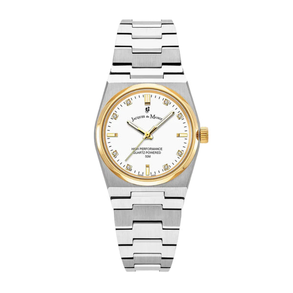 A Jacques du Manoir ladies watch with a white dial, two-tone bracelet, and gold and silver color accents.