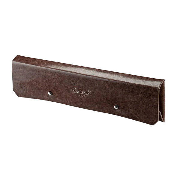 Brown leather pencil case with silver buttons on a white background