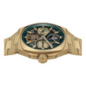 Gold wristwatch with a detailed face on a white background