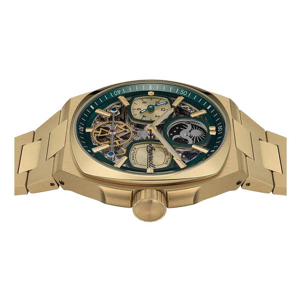 Gold wristwatch with a detailed face on a white background