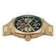 Gold wristwatch with a detailed face on a white background