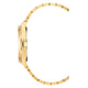 A gold-tone metal watch shown in profile on a white background, featuring a matching gold link bracelet and a crown on the side.