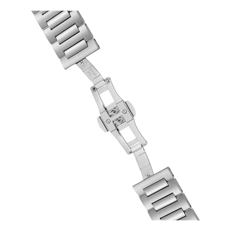 Silver metal watch strap on a white background