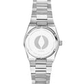 Silver watch with a detailed face on a white background