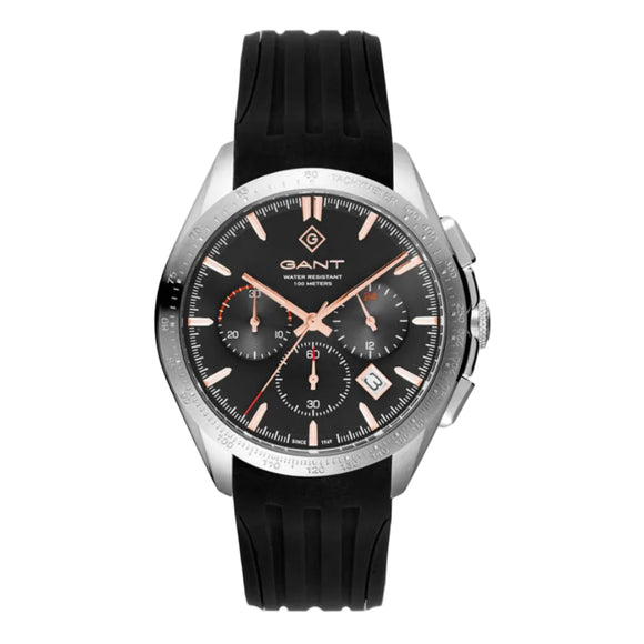 Gant watch with black rubber strap and detailed face on a white background