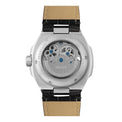 Watch with beige strap and silver case on a white background