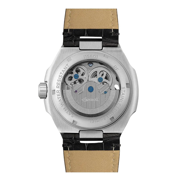 Watch with beige strap and silver case on a white background