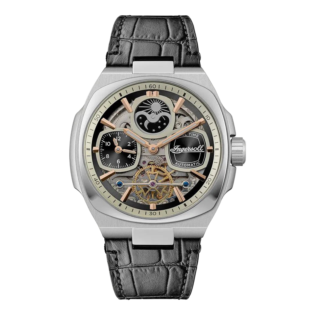 Luxury watch with black leather strap and intricate face on a white background