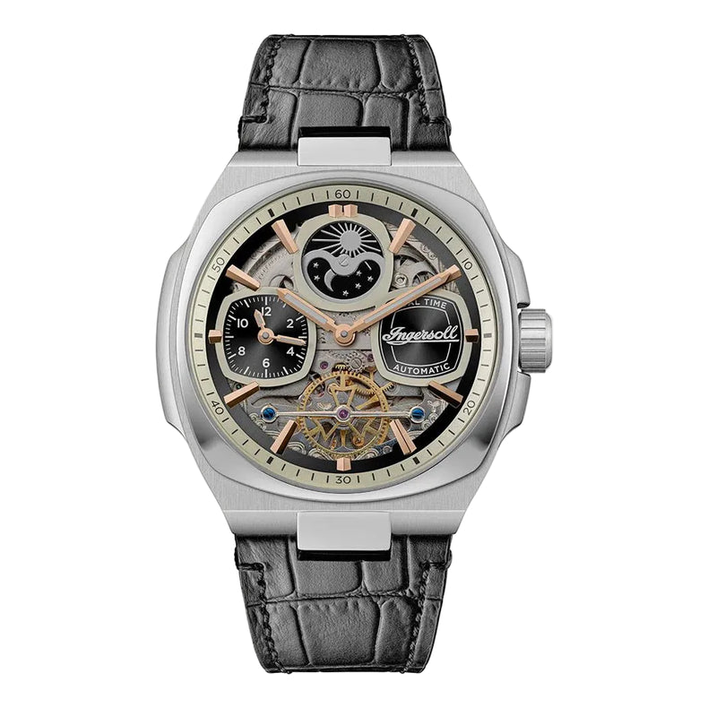 Luxury watch with black leather strap and intricate face on a white background