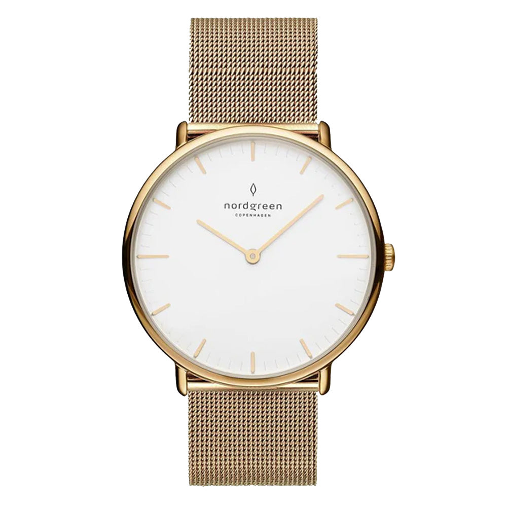Nordgreen | Native gold 36mm white dial gold mesh | NR36GOMEGOXX