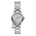 A stainless steel Vivienne Westwood Mother Orb watch with an iridescent dial and Roman numeral indexes, featuring the brand's iconic orb logo at the center and a butterfly buckle.