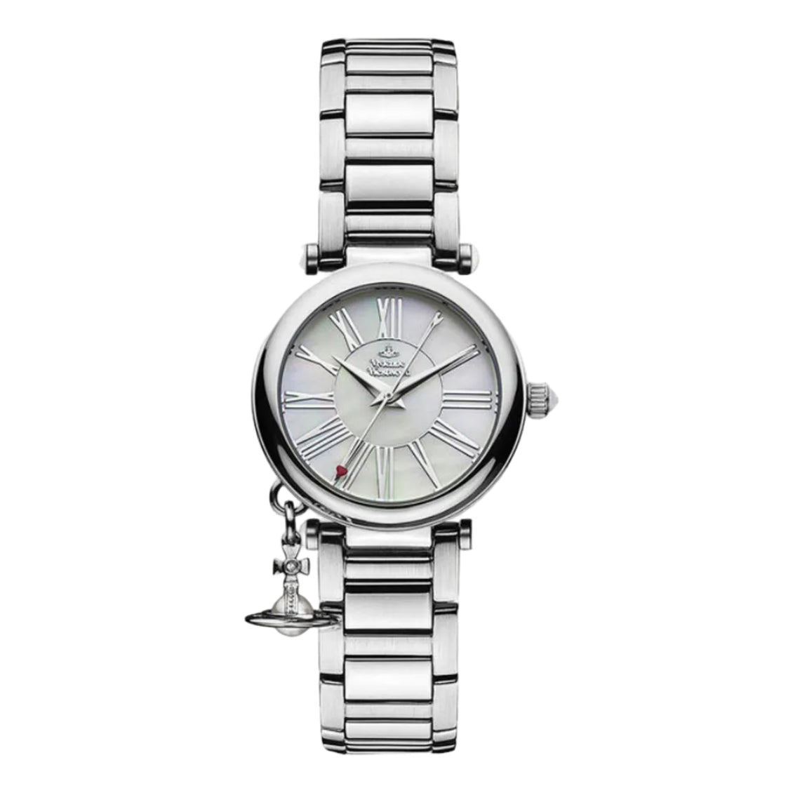 A stainless steel Vivienne Westwood Mother Orb watch with an iridescent dial and Roman numeral indexes, featuring the brand's iconic orb logo at the center and a butterfly buckle.