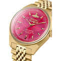 Gold watch with a pink face featuring the brand 'Vivienne Westwood'.
