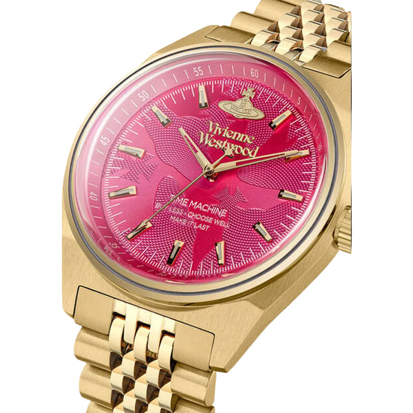 Gold watch with a pink face featuring the brand 'Vivienne Westwood'.