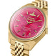 Gold watch with a pink face featuring the brand 'Vivienne Westwood'.