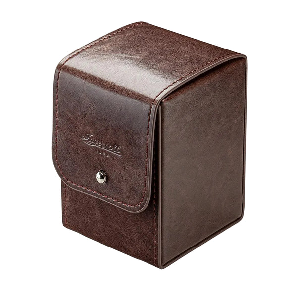Brown leather jewelry box with a visible brand logo on a white background