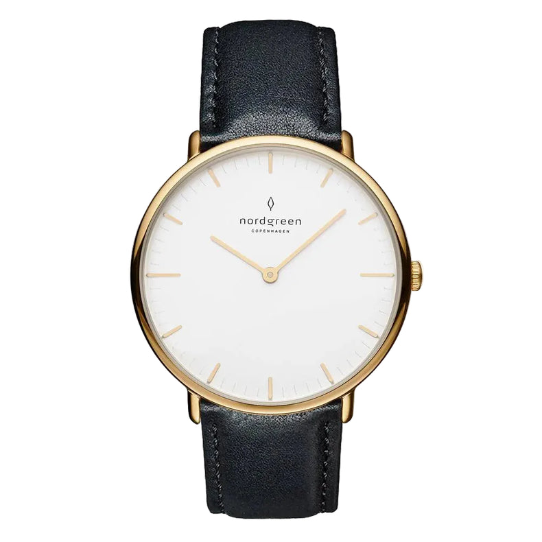 A women's watch with a white dial and black leather strap, featuring a gold PVD finish and the Nordgreen brand name.